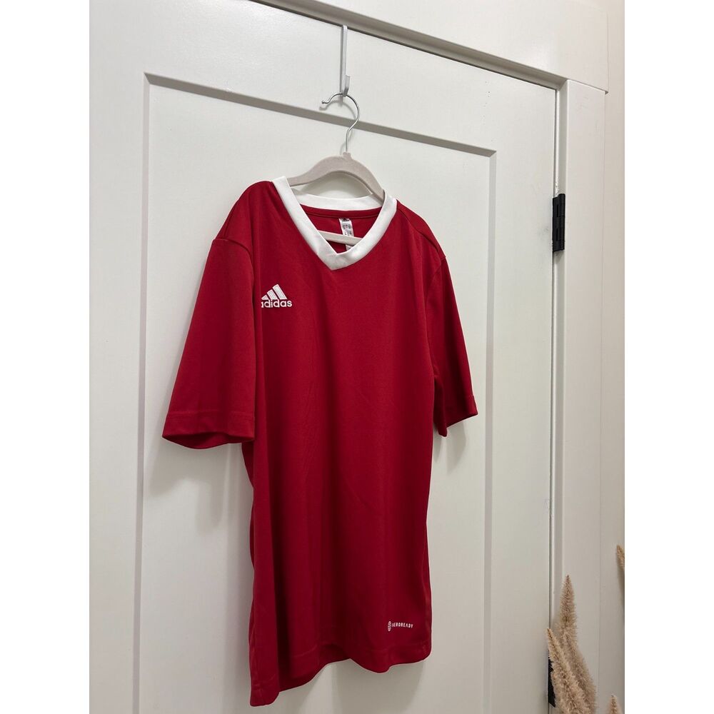Adidas Youth Large Entrada 22 Soccer Jersey Red White V-Neck Aeroready Shirt